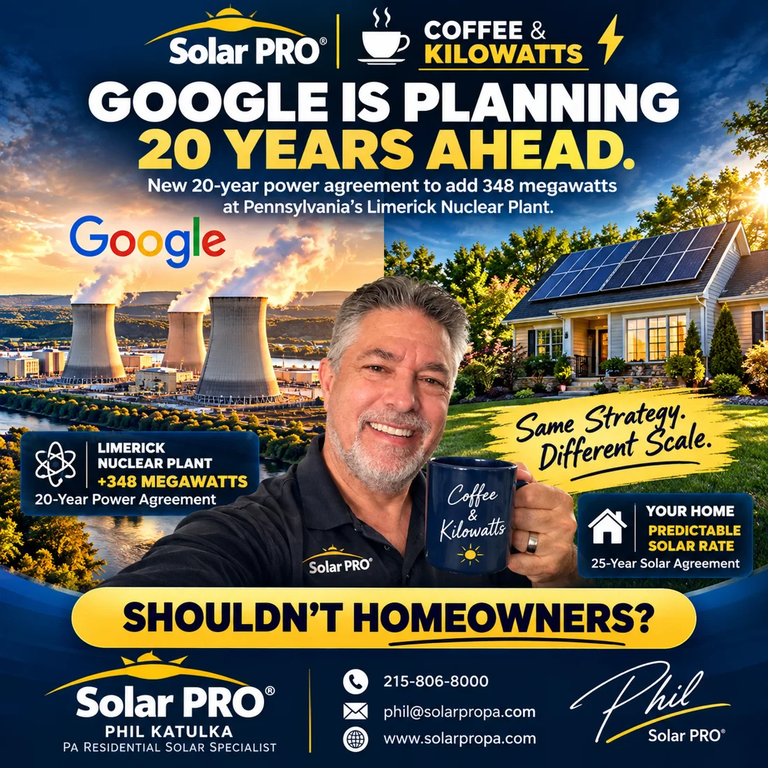 Coffee and Kilowatts graphic comparing Google's long-term electricity planning with residential solar
